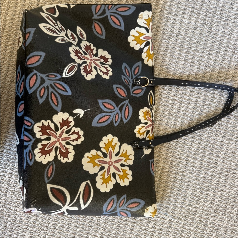 Tory Burch Black Floral Print Tote with Multicolor Blooms